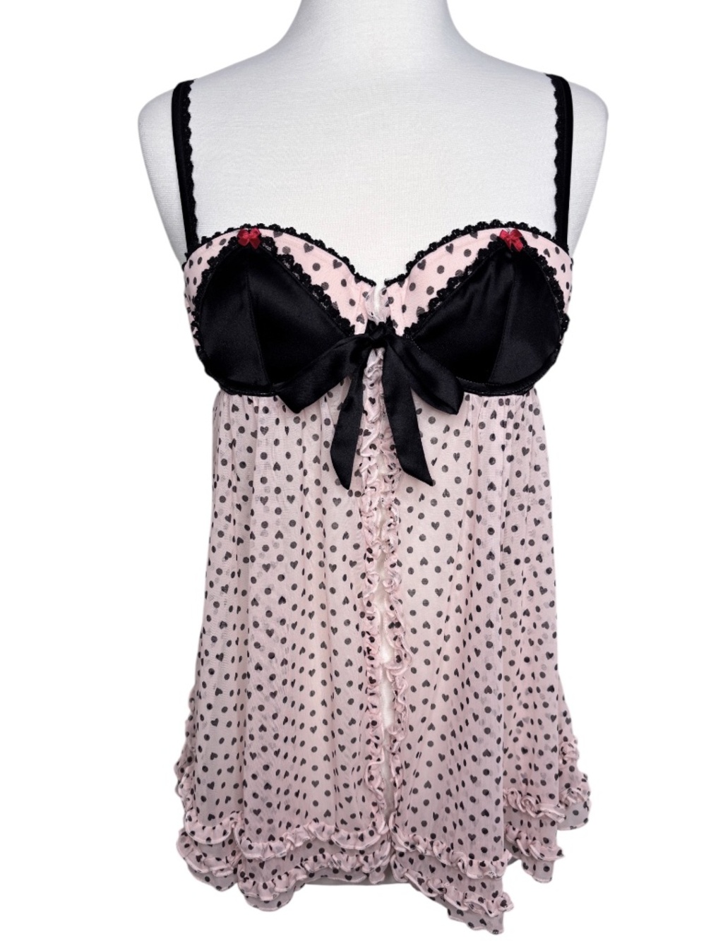 Victoria's Secret Sexy Little Things Pink Black Polka Dot Babydoll Lingerie 36B